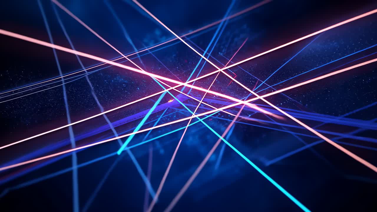 Opening virtual camera gliding through lattice in dark void, revealing pulsing pink and blue beams