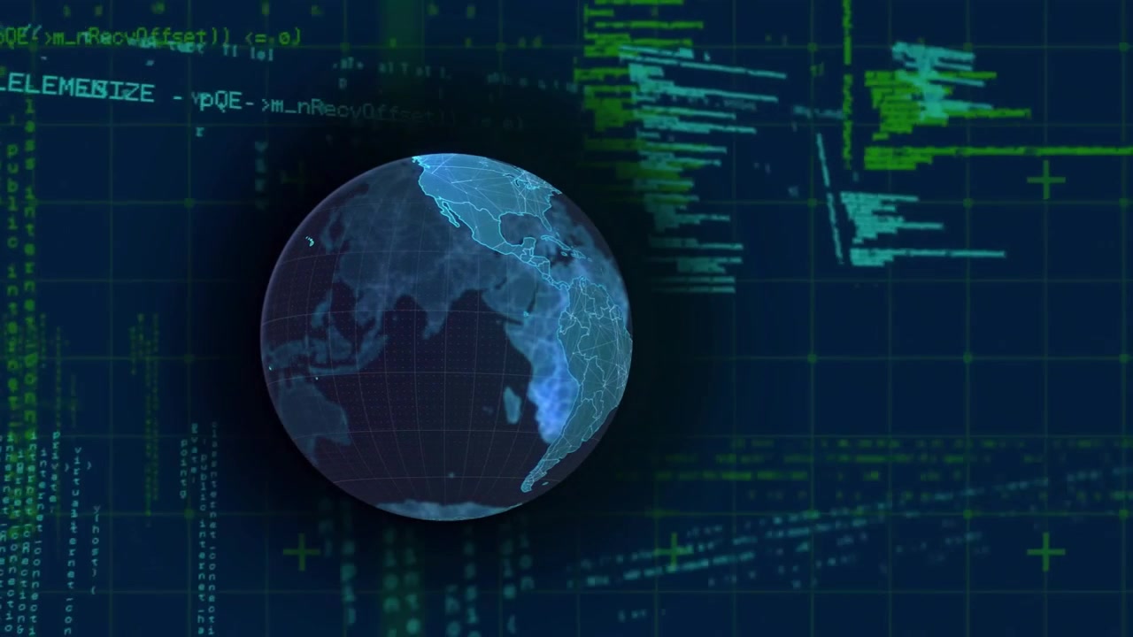 Animation of globe, grid pattern and computer language over abstract background