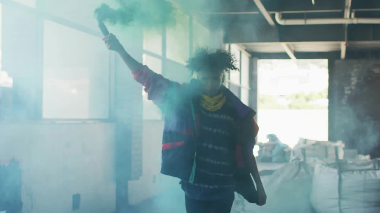 Man raising green flare, walking for content, smoke thickening, emoji hearts densifying near center