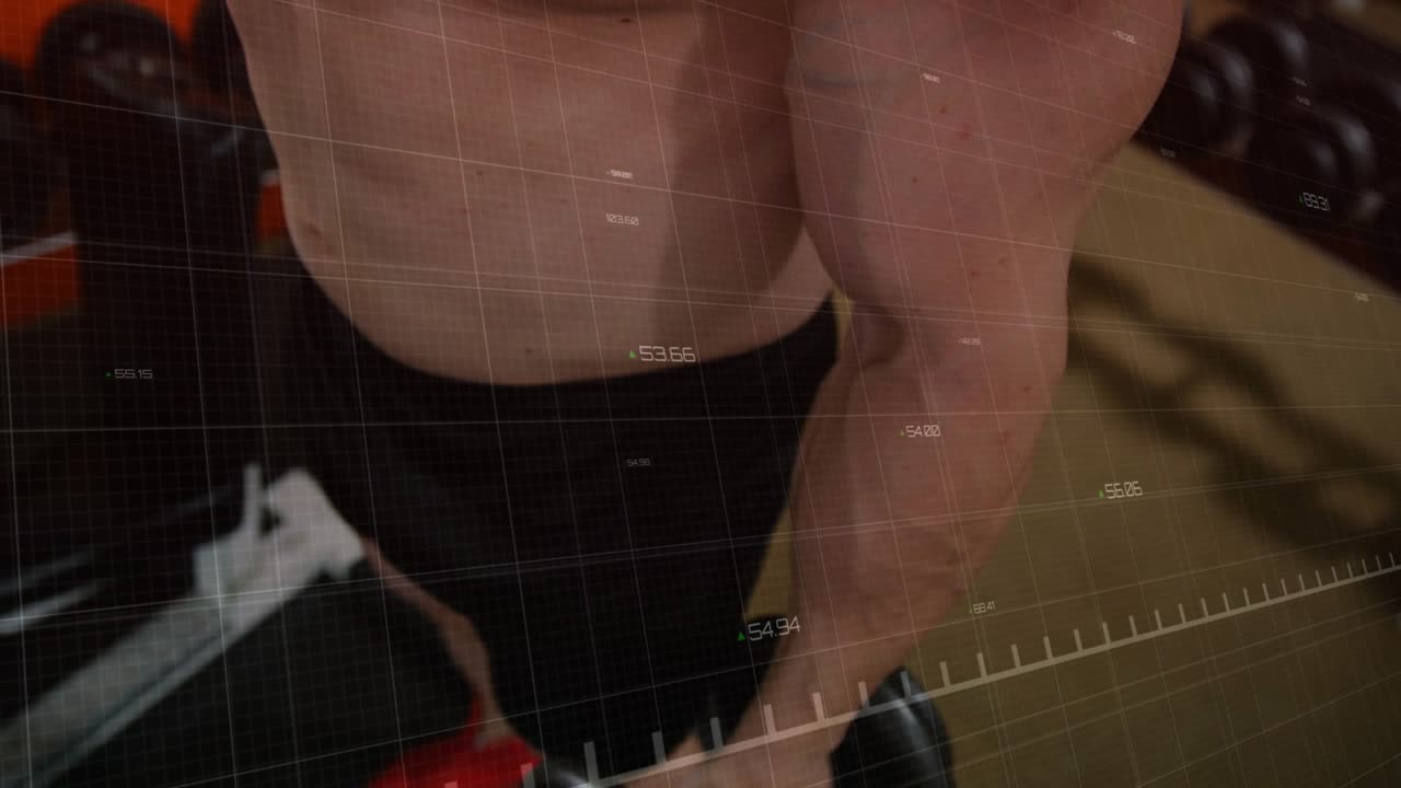 Male trainee gripping dumbbell, doing curls, animated red chart tracking reps in gym, zooming out