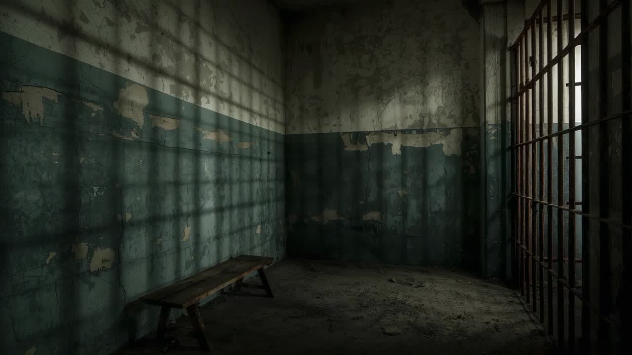 Shifting light sliding through opening, casting grid shadows across walls and bench, marking time