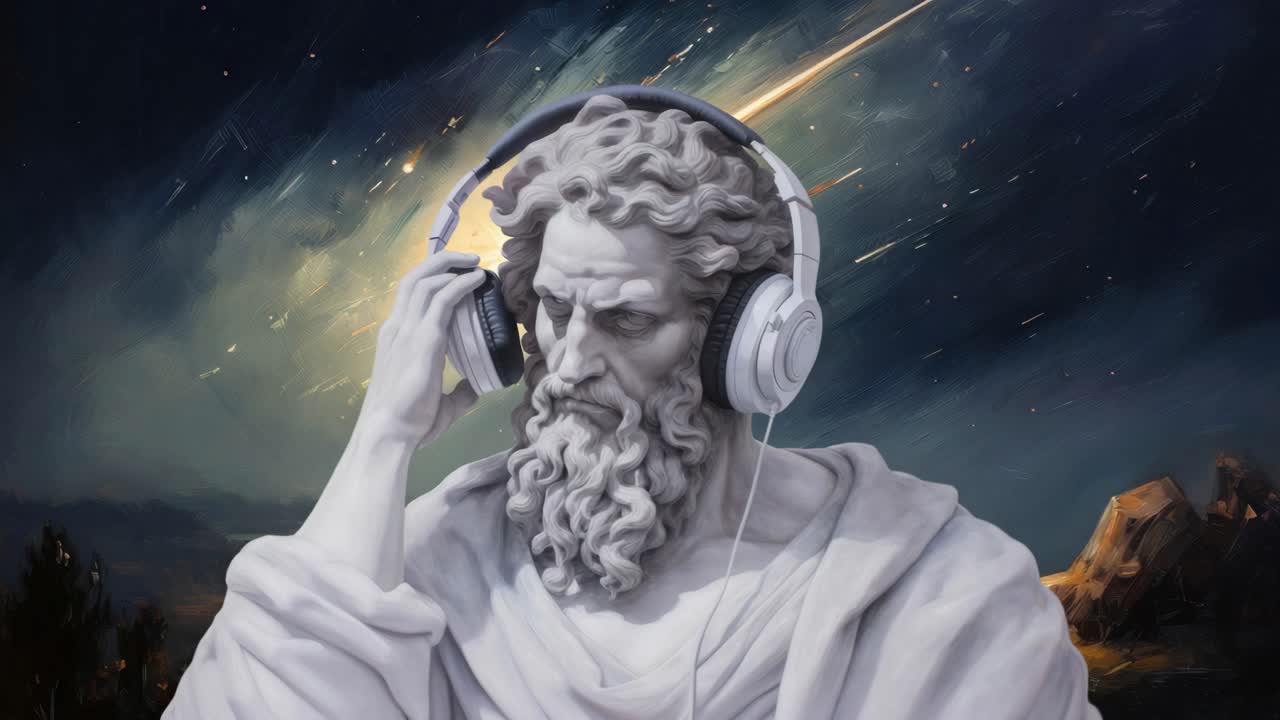 A close-up video concept of a classical statue wearing headphones, set against a starry sky