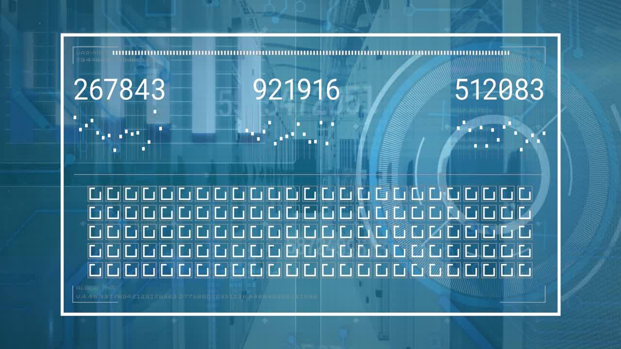 Digital interface with data processing against moving over delivery box on blue background