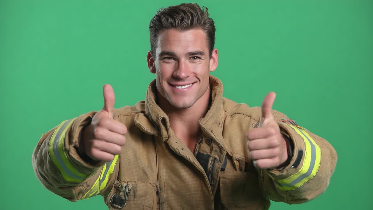 Cheerful Firefighter Giving Thumbs Up in a Studio with Green Screen Background - A Positive Representation of Firefighting Spirit and Community Service