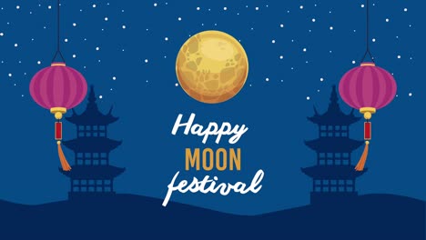 happy moon festival lettering with castles and lamps