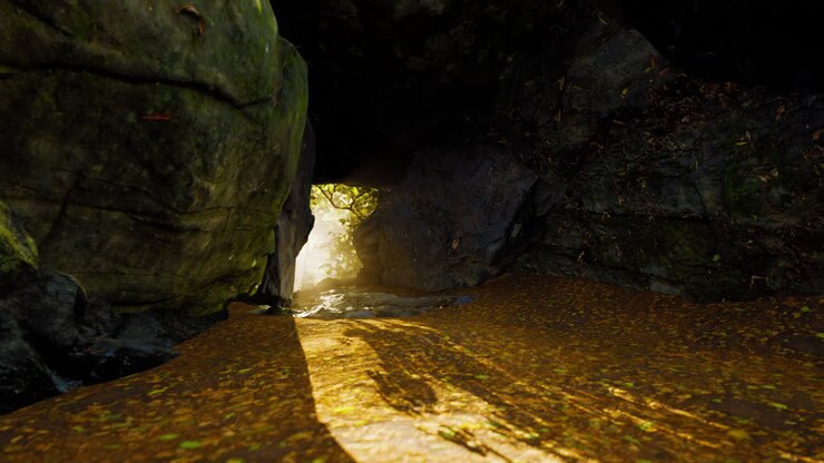 Sunlight Streaming Through a Cave in a Forest