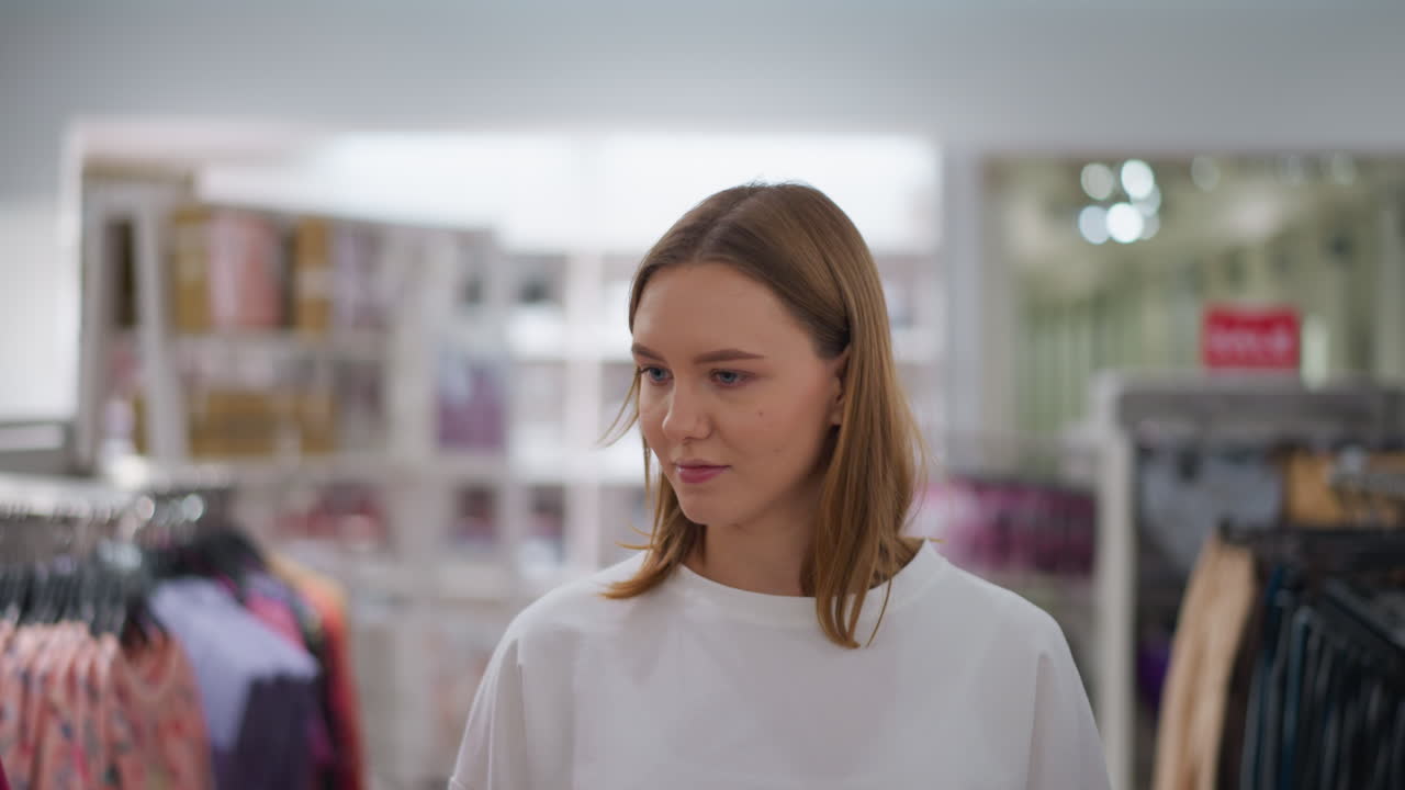 다채로운 의류 디스플레이와 끔하게 배열 된 랙으로 가득 찬 소매 매장을 탐색하는 여인, 활기찬 스타일과 패턴은 이 평온한 쇼핑 경험을 향상시니다.