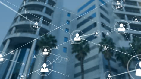 animation of network of connections with icons over cityscape