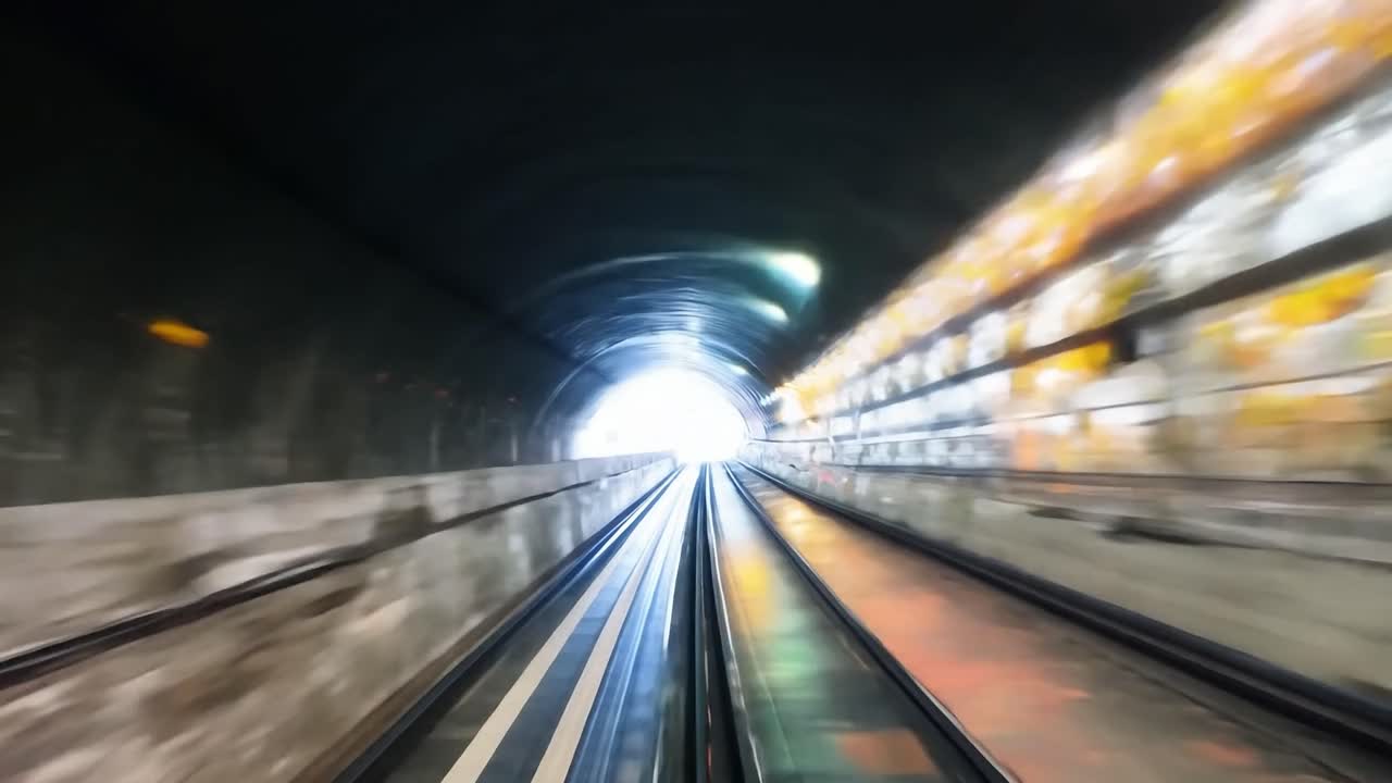 High speed trains enter and exit a series of tunnels, showcasing rapid motion through contrasting light and darkness