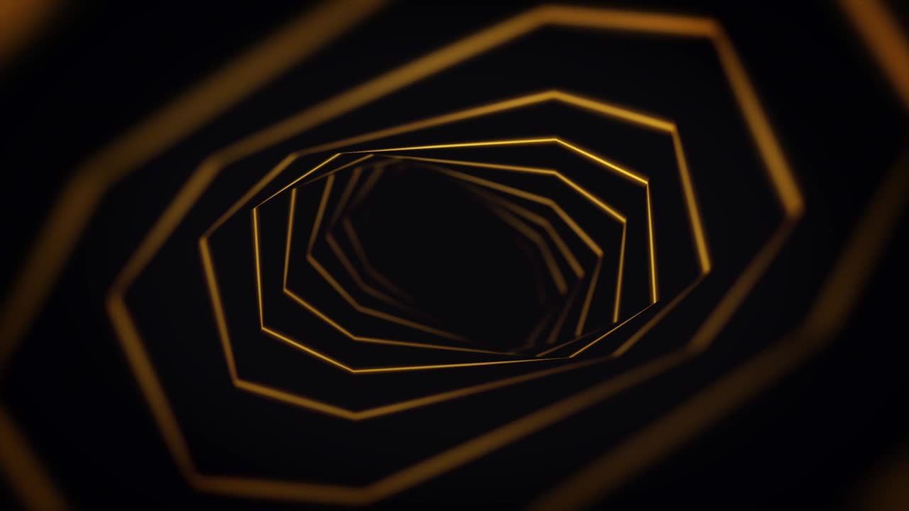 Abstract activity with rotating golden tunnel on black background, seamless loop. Animation. Abstract funnel of yellow octagons spinning endlessly