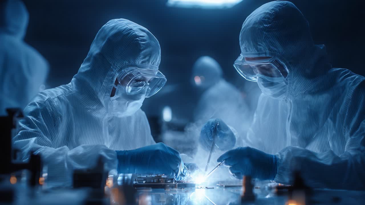 Scena di laboratorio ad alta tecnologia con due scienziati in tuta protettiva che lavorano su tecnologia avanzata sotto luci soffuse, con un'atmosfera misteriosa.