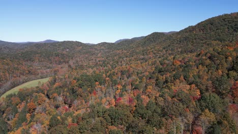 4K-Drohnenaufnahmen-Aus-Der-Luft-über-Dem-Wald-Und-Den-Farbenfrohen-Blauen-Bergrücken-Im-Wunderschönen-Herbst