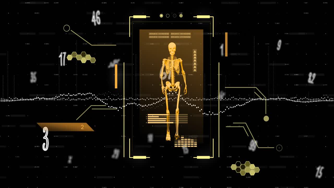 Animation of data processing and numbers over skeleton walking