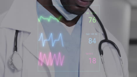 animation of heart rate monitor over mid section of african american male doctor wearing stethoscope