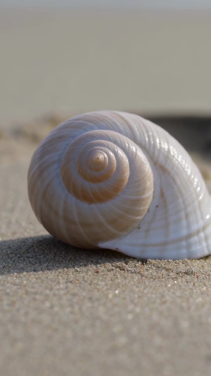 Vertical video: Moving camera centering spiral seashell on beach sand, revealing bands and texture