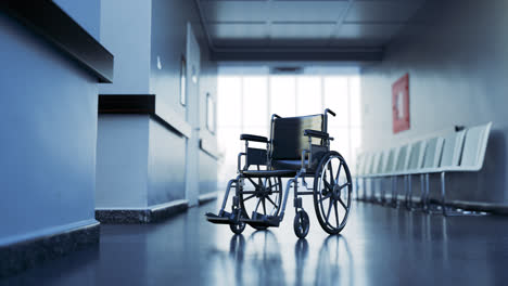 Standard-manual-wheelchair-in-empty,-foggy-hospital-corridor.-Zoom-out-camera.-Symbolizes-disability-of-handicapped-people-caused-by-illness-or-injury.-Medical-video-with-natural-colors.