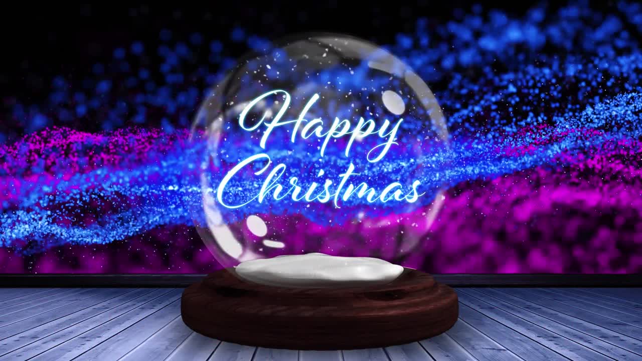 Animation of christmas season's greetings text in snow globe and shooting star on blue background