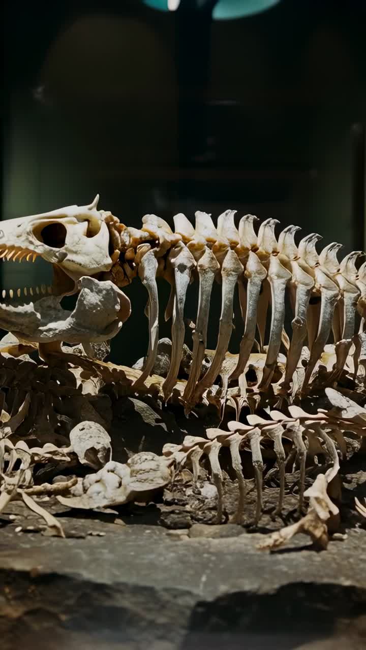 Vertical video: Pulling back camera revealing large fish skeleton in museum gallery, for display