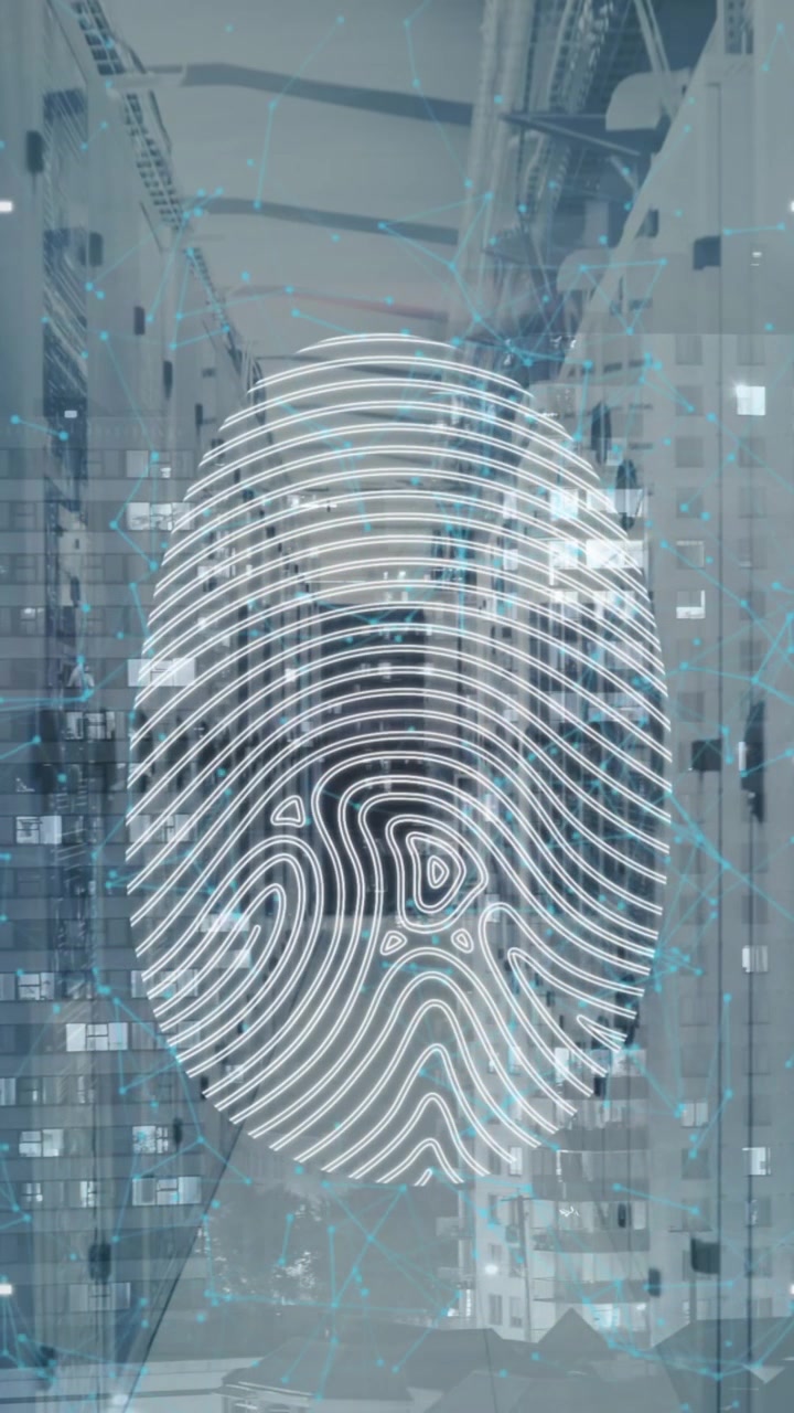 Animation of fingerprint scanning on digital interface against server room