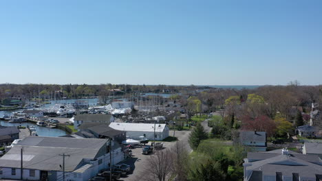 an aerial view over bay shore, ny, on a sunny day with clear skies