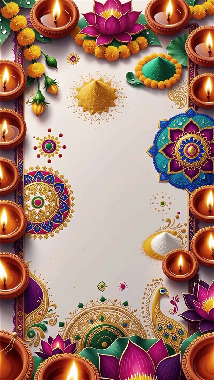 Sfondo Diwali con Diyas luminosi, Rangoli e fiori di loto