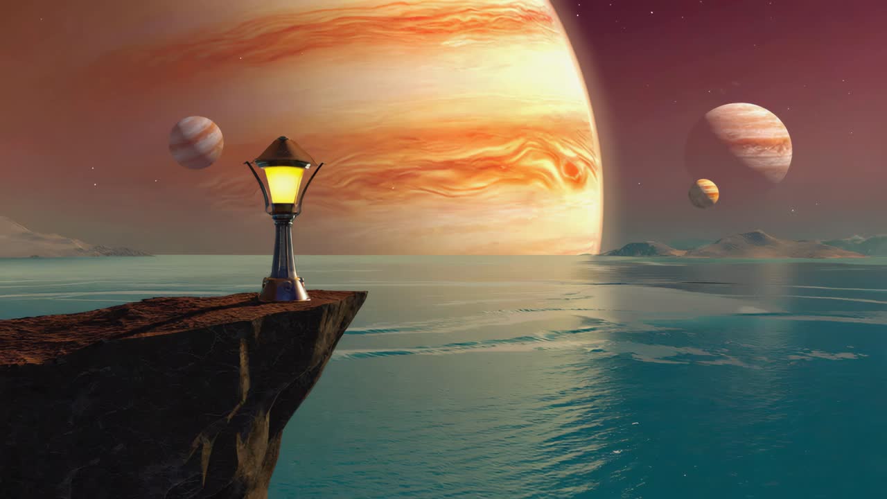 Fantasy Alien Ocean Landscape with Giant Planet and Lantern
