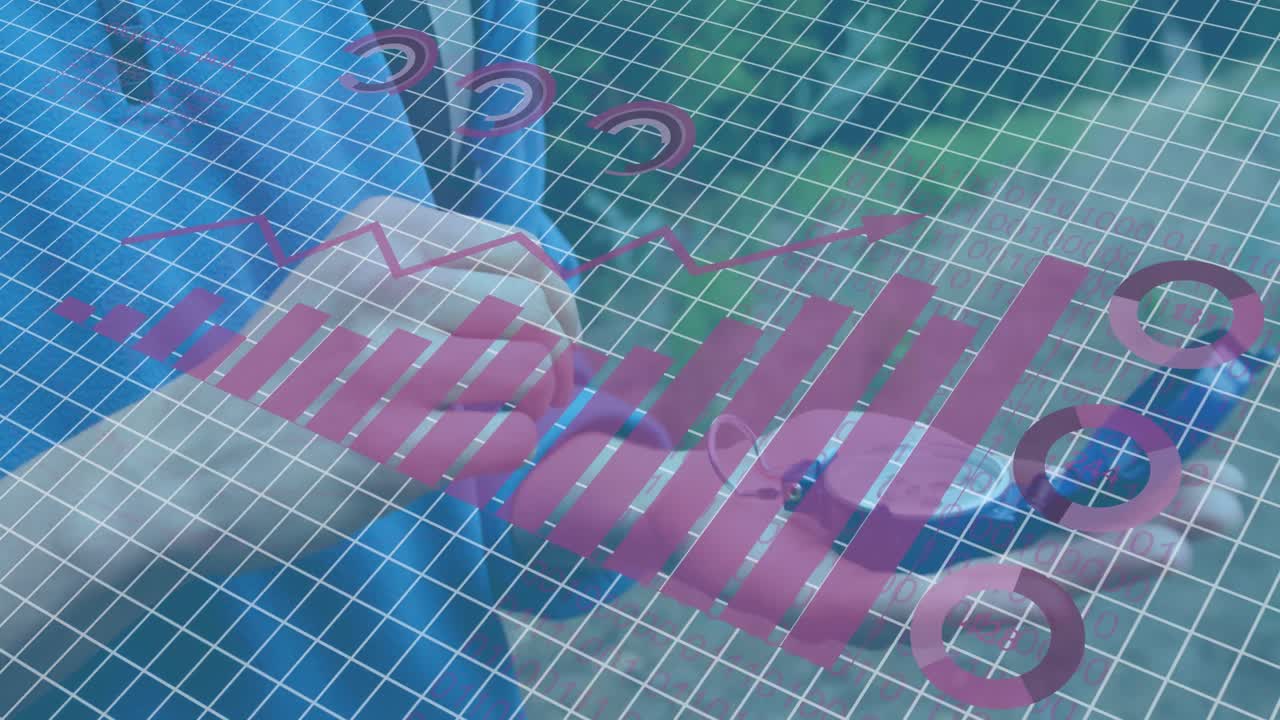 통계 및 데이터 처리의 애니메이션: 나침반을 들고 있는 백인 여성