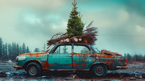 a car with a tree on top of it sitting in the mud