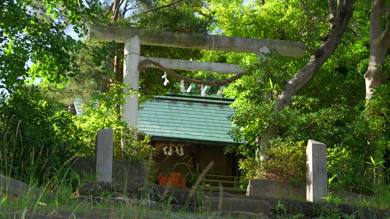 Traditional Japanese Shrine Gate (Torii) Amidst Lush Greenery