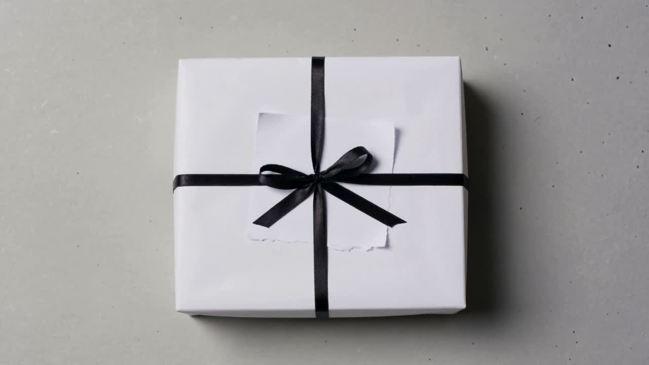 Shot starting camera moving closer to white box on gray tabletop, revealing black ribbon, torn tag
