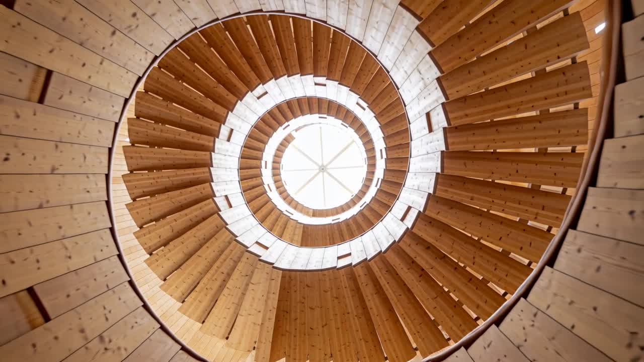 Telecamera che effettua una panoramica dalla base ruotando verso l'alto attorno a una scala a chiocciola in legno, mostrando forme e un lucernario.