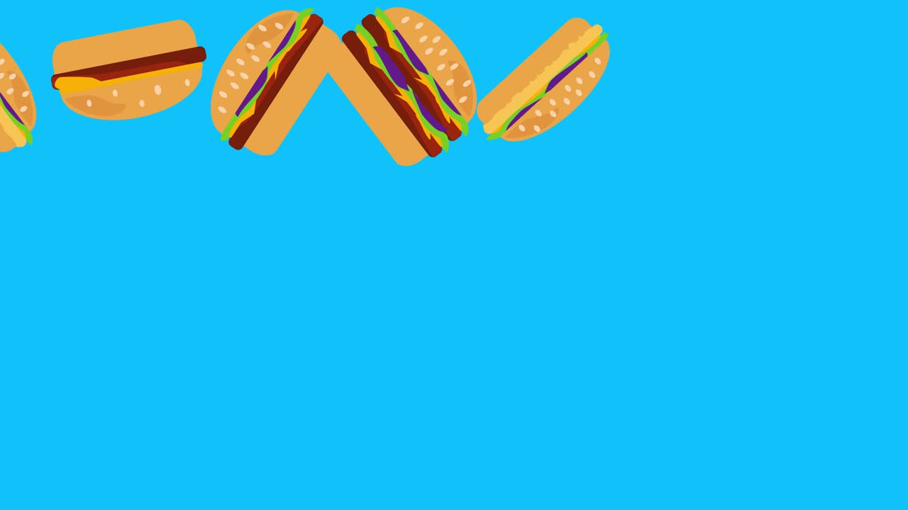 animación en stop motion de hamburguesas, diseño gráfico plano, tecla de croma de pantalla azul