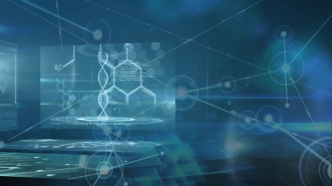 animación de la red de conexiones contra pantallas con procesamiento de datos médicos en fondo azul.