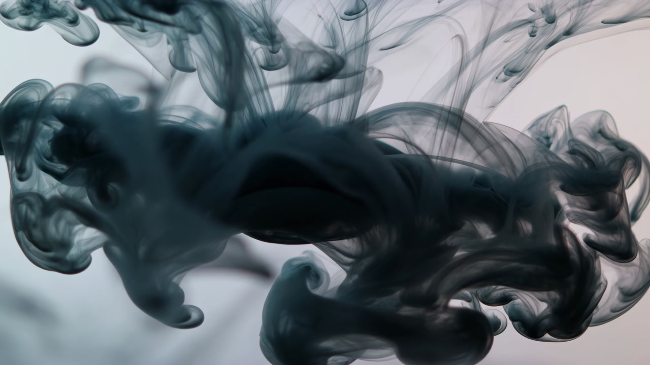 Dark Ink Swirling In Water, Cinematic Slowmotion Abstract Shapes Forming Smoky Clouds And Soft Gradients,