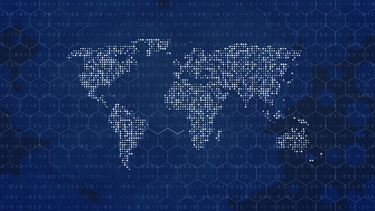World map visualization with binary code, glowing digital dots and geometric honeycomb background, loopable animation