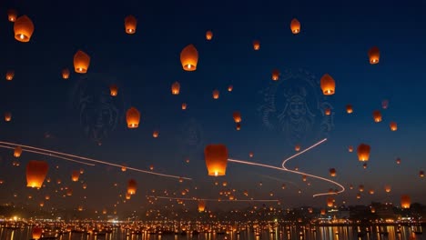 a stunning display of floating lanterns illuminating the night sky, reflecting beautifully on calm waters, creating a captivating scene of light and serenity