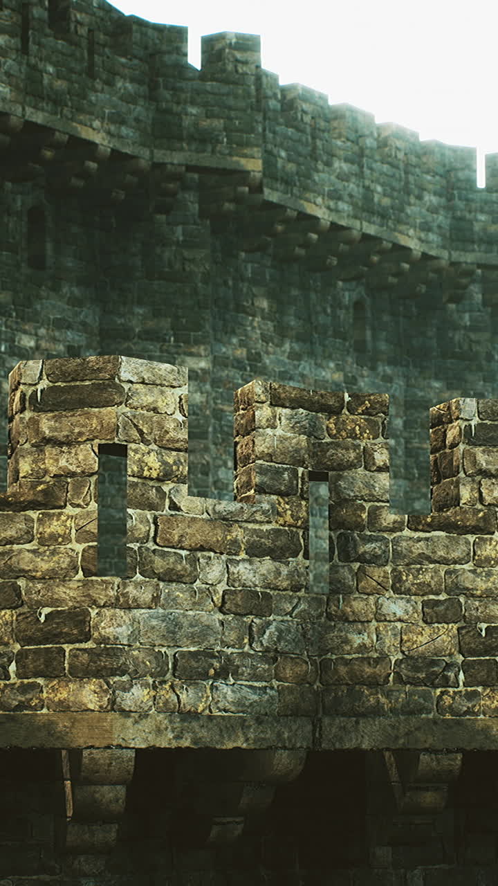 Historic stone castle wall with tower under bright sky during the day