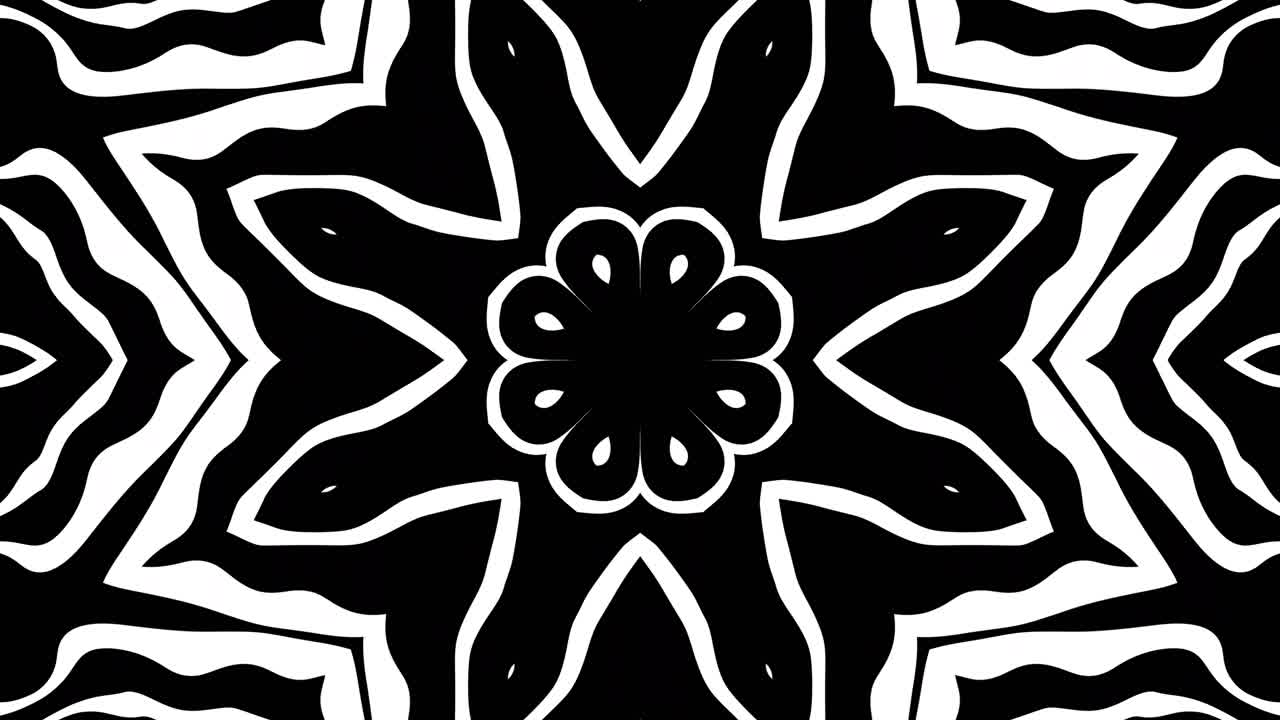 Black and White Kaleidoscopic Mandala with Swirling Fractal Patterns in a Hypnotic Looping Animation - Abstract Geometric Design with Floral Symmetry and Psychedelic Morphing Shapes in Motion