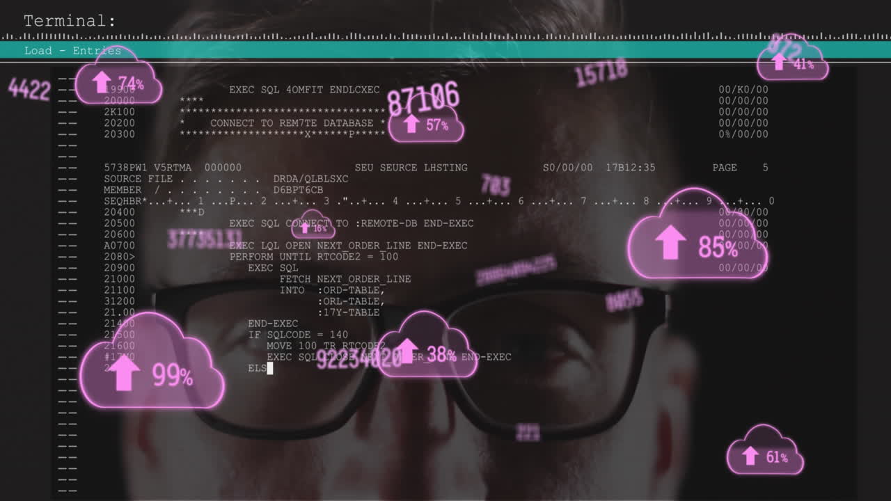 Animation of clouds icons and data processing over caucasian man on black background