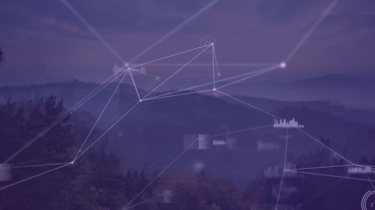 Animation of network of connections and data processing over mountains