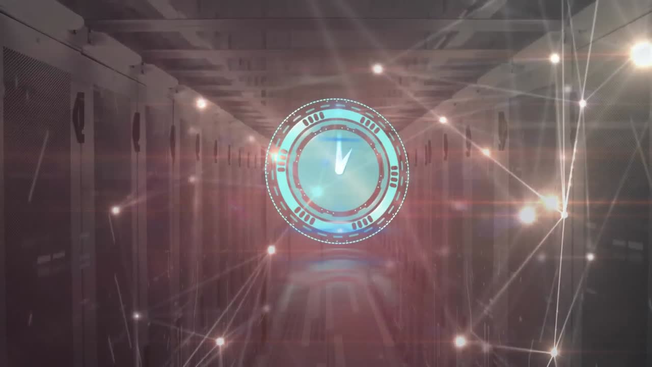Animation of moving clock and networks of connections over server room