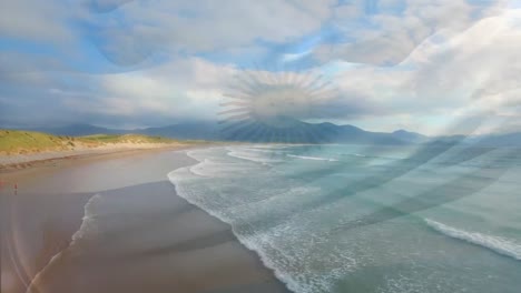 animación de la bandera de argentina ondeando sobre el paisaje marino de la playa