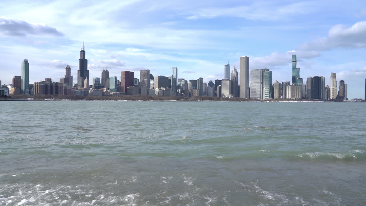 Left to right Panning shot of the Chicago Skyline and high Lake Michigan water levels along the Museum Campus