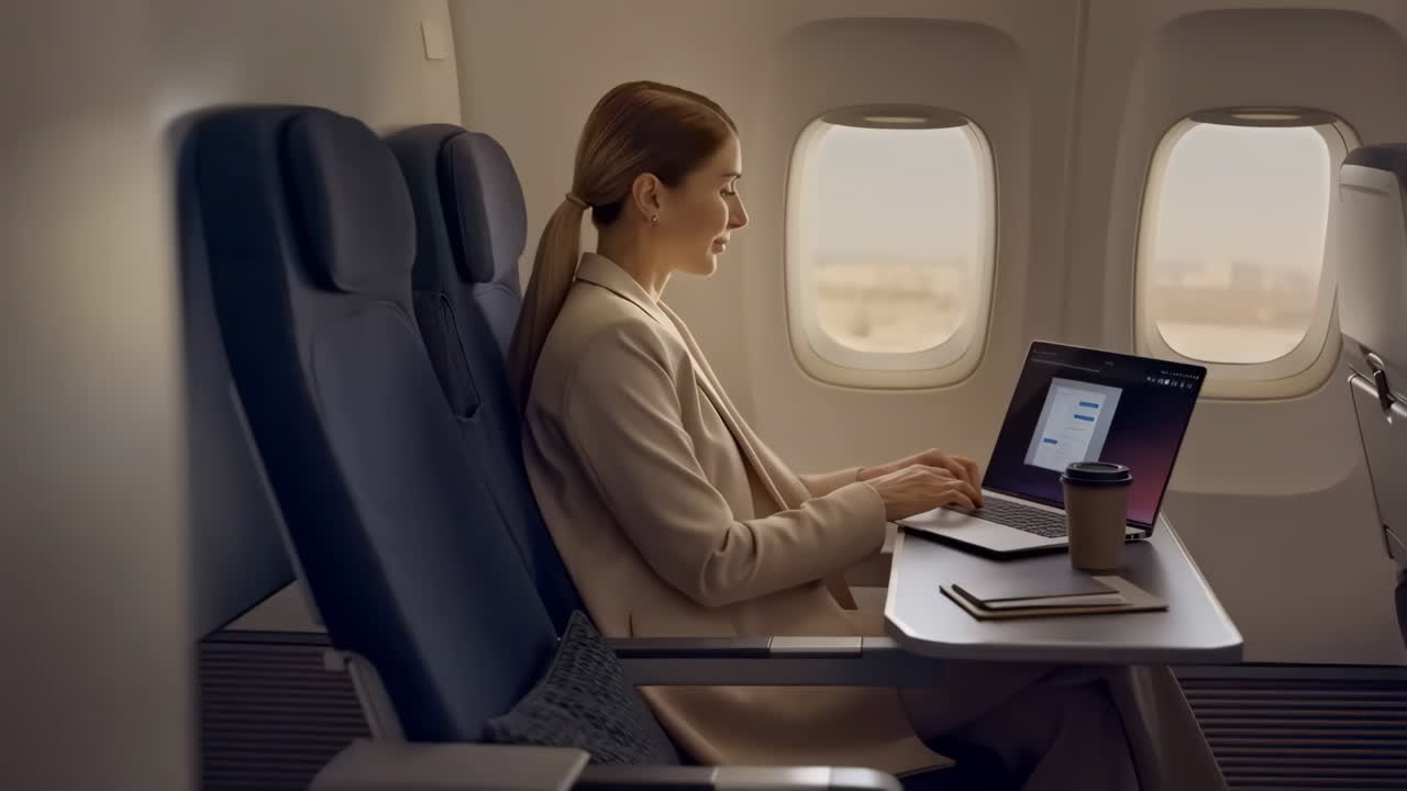 Woman using laptop on an airplane