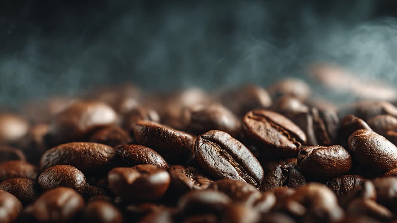 Aromatiske kaffebønner: Fængslende nærbillede af ristede kaffebønner med stigende damp, der fremhæver deres rige tekstur og smagfulde essens.
