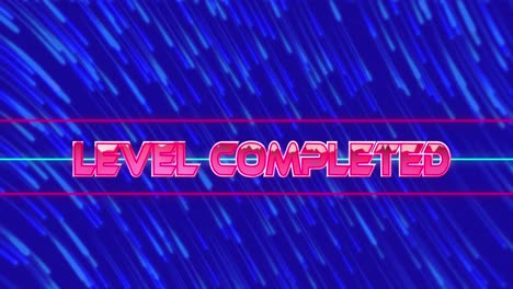 animación del texto completado en nivel sobre líneas de neón y senderos de luz