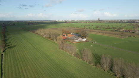 slowly flying towards a beautiful farm with sheep standing in green meadows