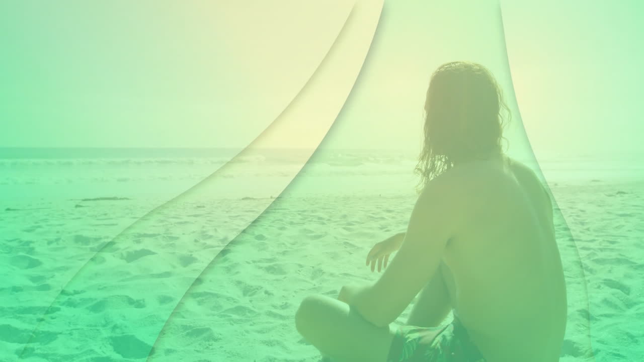 Sitting on sandy beach, person surrounded by abstract green animation shapes