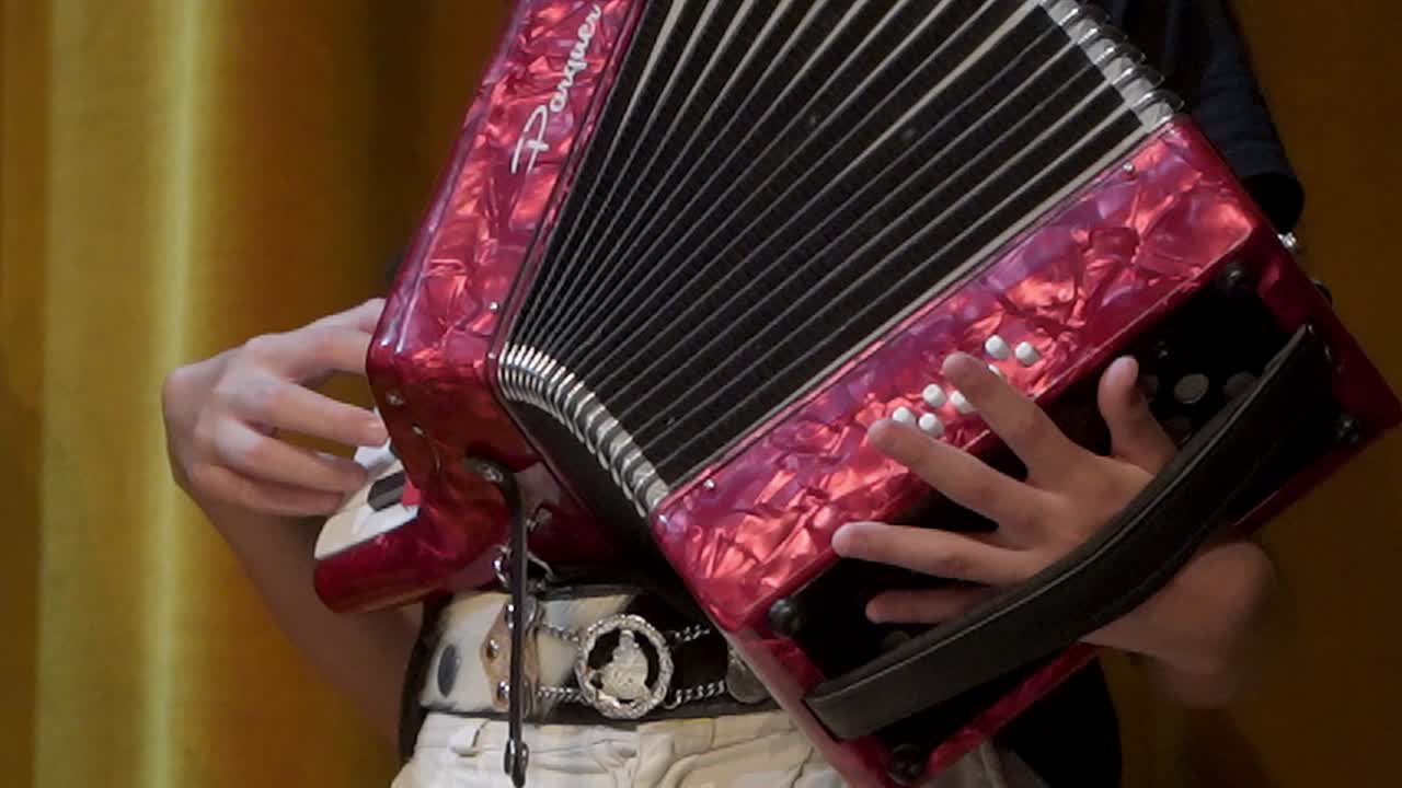 Closeup of a young girl accordionist's hands performing onstage during a folk festival.