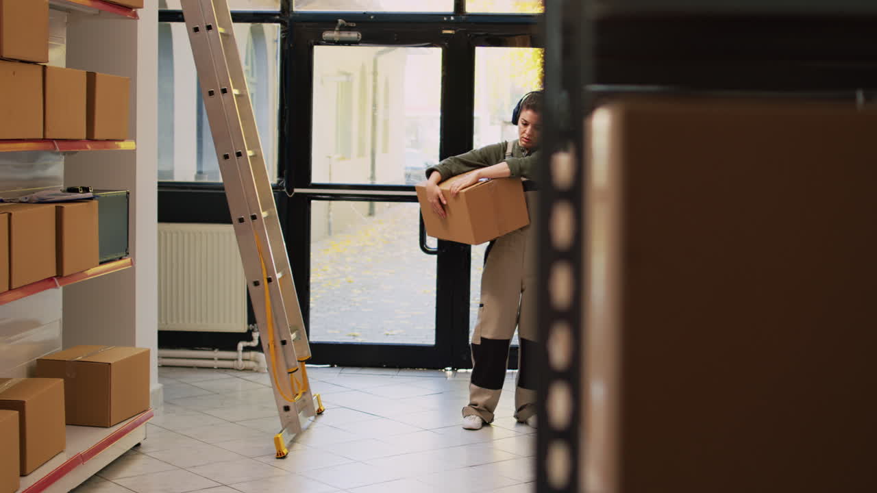 Woman carrying box in warehouse